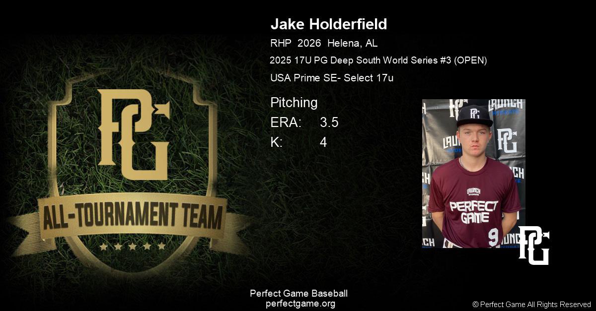 Jake Holderfield (@jakeholderfield) on Twitter photo All-Tournament Team Pitching from the Perfect Game Deep South World Series!
<a href="/USAPrime_SE/">USA Prime Southeast</a> <a href="/PeakBaseball27/">Tristan Widra</a> All-Tournament Team Pitching from the Perfect Game Deep South World Series!
<a href="/USAPrime_SE/">USA Prime Southeast</a> <a href="/PeakBaseball27/">Tristan Widra</a>