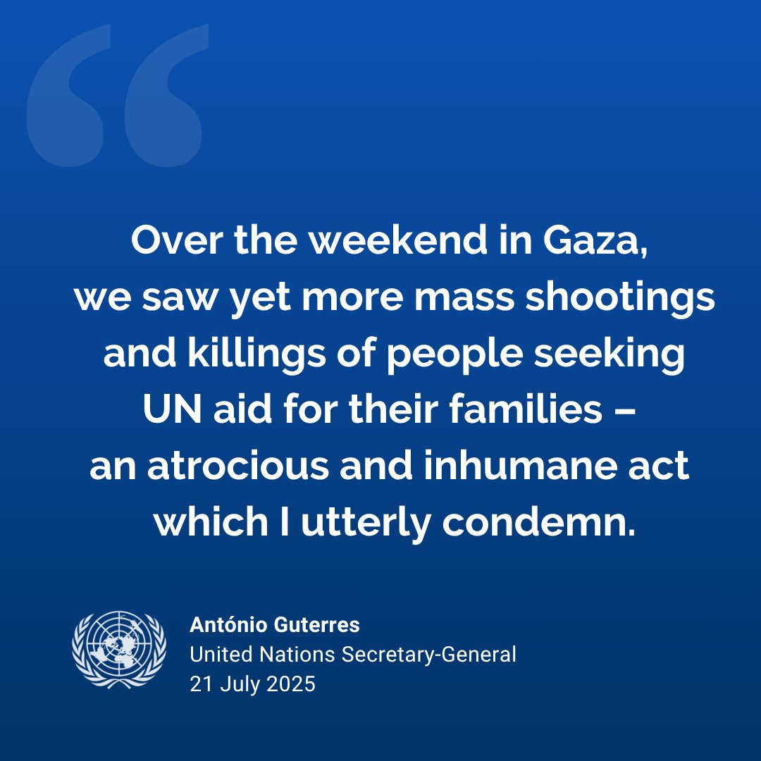 UN's tweet image. Dozens of Palestinians were killed while seeking UN aid in Gaza this weekend.
@antonioguterres has condemned the mass shootings and deaths, and reiterated his call for an immediate ceasefire, the release of all hostages & unimpeded humanitarian access.
un.org/sg/en/content/…
