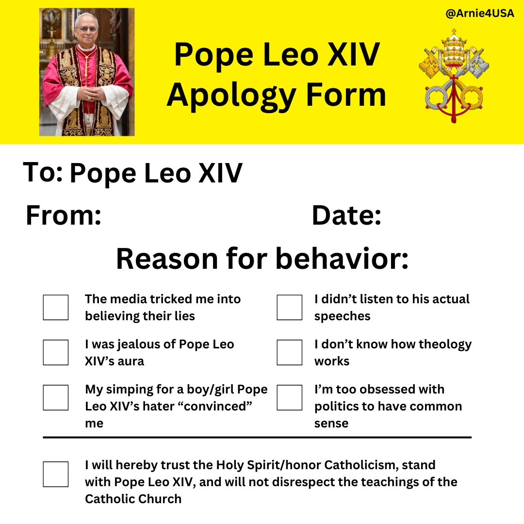Arnie4USA's tweet image. “Pope Leo XIV is a liberal!”
Pope Leo XIV, during his pontificate, has so far been:
▫️ Pro-Life 🍼
▫️ Pro-Peace 🕊️
▫️ Pro-Family 👨👩👦
▫️ Pro-Worker 👷♂️
▫️ Pro-Tradition and Beauty ✨
Research first and when you are done, sign this below please.