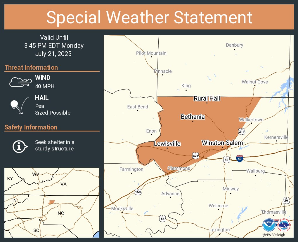 NWSRaleigh's tweet image. A special weather statement has been issued for Winston-Salem NC, Lewisville NC and Rural Hall NC until 3:45 PM EDT