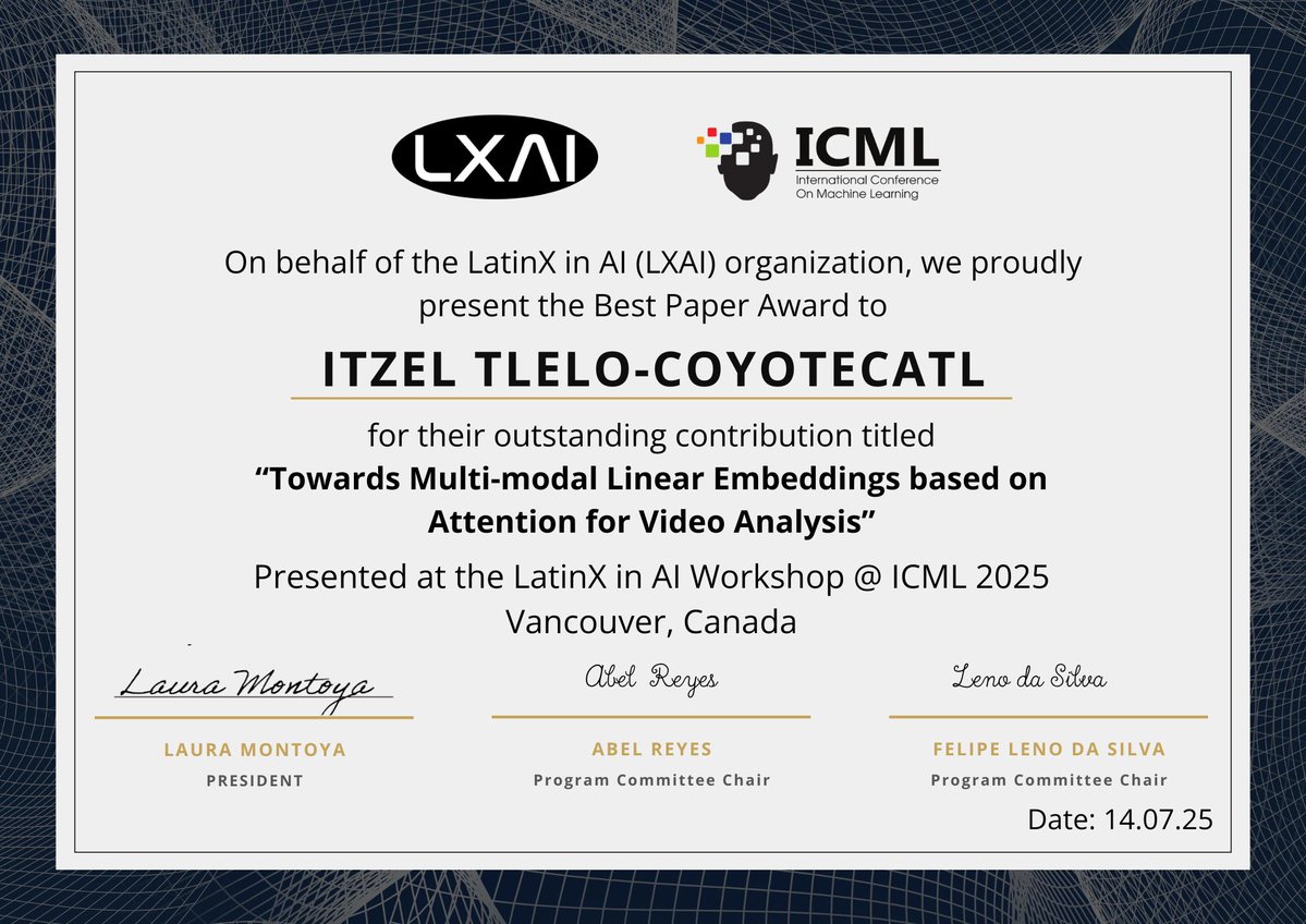 _LXAI's tweet image. Last week, we had an incredible time at the Latinx in AI Workshop at ICML!
We were honored to host an amazing lineup of presenters and insightful presentations
We're thrilled to announce the winners of this year’s awards
Congratulations to all the winners!