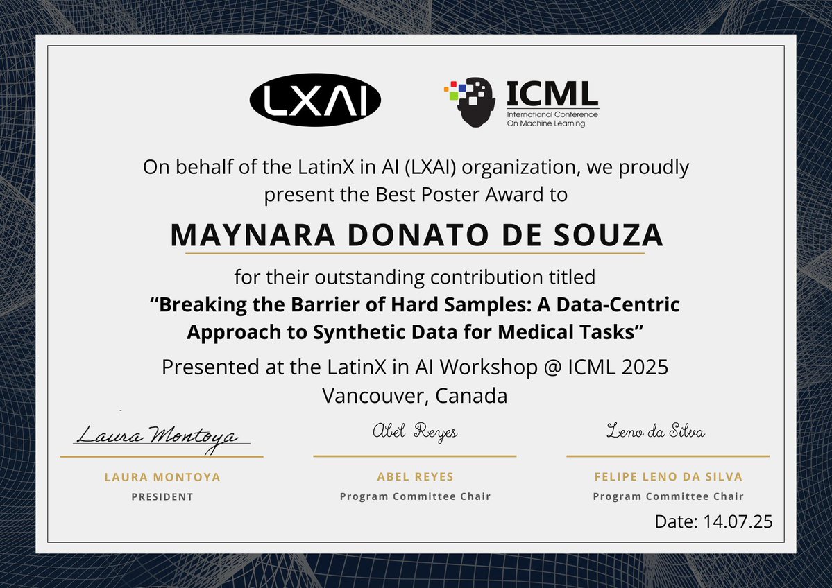 _LXAI's tweet image. Last week, we had an incredible time at the Latinx in AI Workshop at ICML!
We were honored to host an amazing lineup of presenters and insightful presentations
We're thrilled to announce the winners of this year’s awards
Congratulations to all the winners!