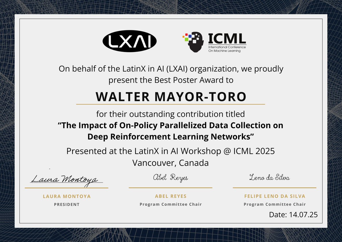 _LXAI's tweet image. Last week, we had an incredible time at the Latinx in AI Workshop at ICML!
We were honored to host an amazing lineup of presenters and insightful presentations
We're thrilled to announce the winners of this year’s awards
Congratulations to all the winners!