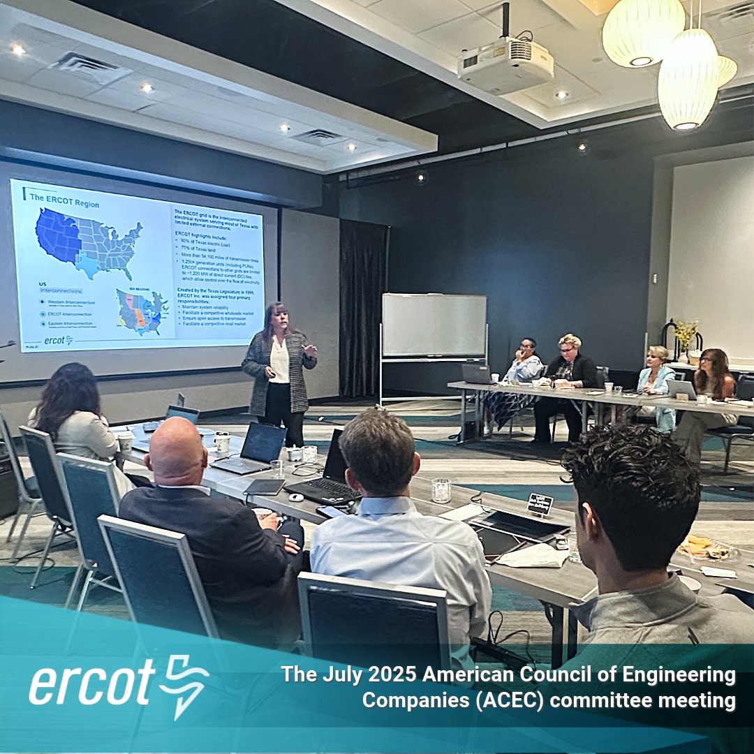 ERCOT_ISO's tweet image. ERCOT Vice President of System Planning and Weatherization Kristi Hobbs recently met with members from the American Council of Engineering Companies (ACEC) committee meeting in Fort Worth to talk about how ERCOT operates as the Independent System Operator (ISO) for Texas—reliably…
