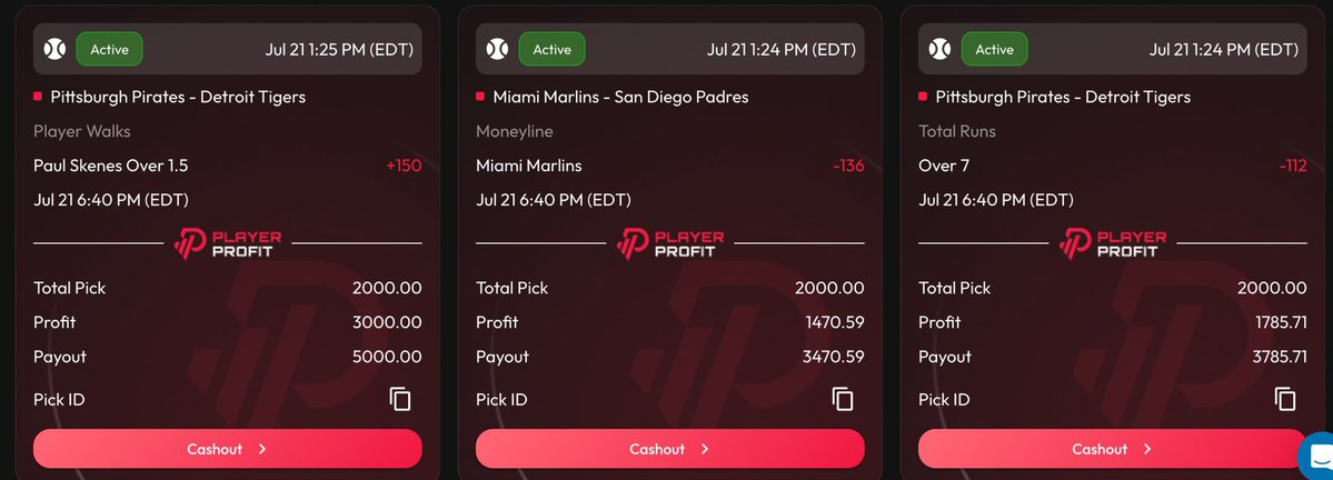 stataiofficial's tweet image. Lets get the people some plays eh?
58-24 run. 3 winners. Easy.
💎 Paul Skenes O 1.5 Walks
💎 Marlins ML
💎 Pirates/Tigers O 7
Lock these in on Player Profit, 10% off with code STATBETZ!