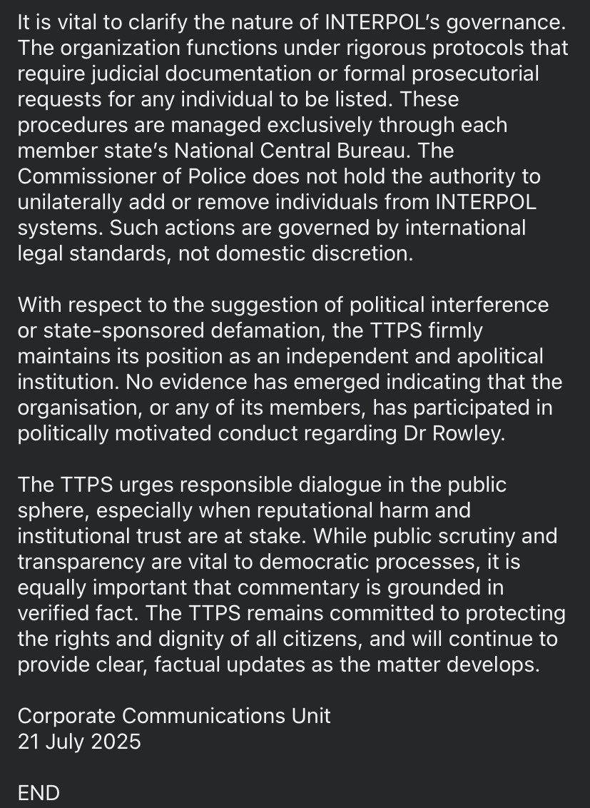rhopico's tweet image. The TTPS says former prime minister Dr Keith Rowley is NOT on an Interpol watchlist, as he announced earlier today.
