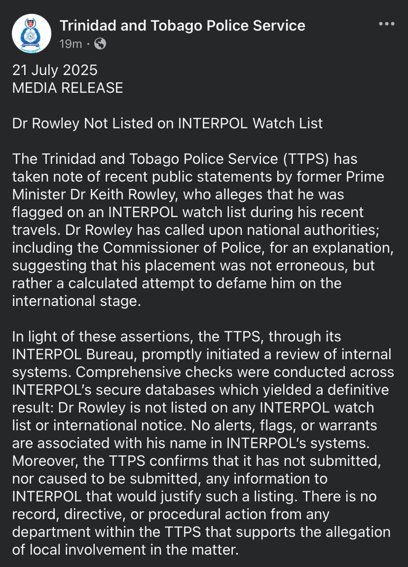 rhopico's tweet image. The TTPS says former prime minister Dr Keith Rowley is NOT on an Interpol watchlist, as he announced earlier today.