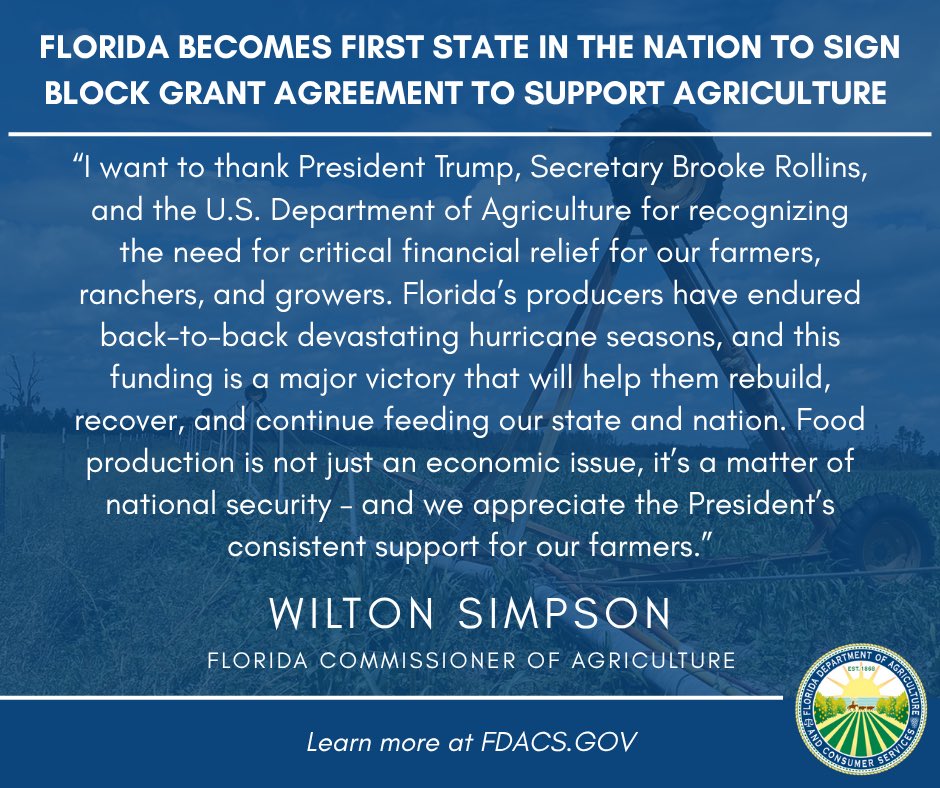 WiltonSimpson's tweet image. This historic disaster relief for Florida agriculture is the first of its kind in the nation, and will go a long way toward security our food supply chain.