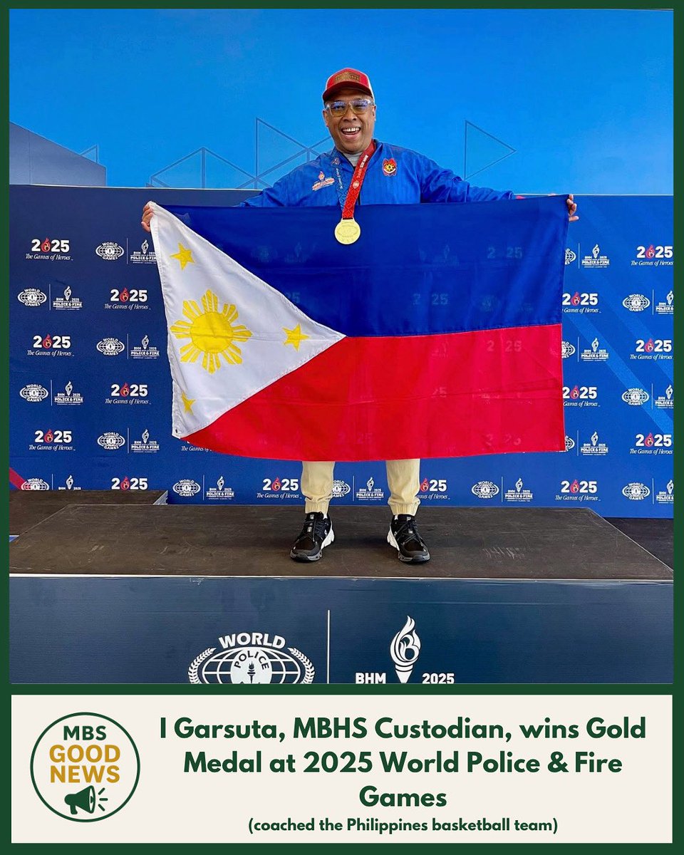 mtnbrookschools's tweet image. Congratulations to MBHS Custodian, I Garsuta, for winning a gold medal at the 2025 World Police and Fire Games this summer in Birmingham! I was a basketball coach for the Philippines team.
