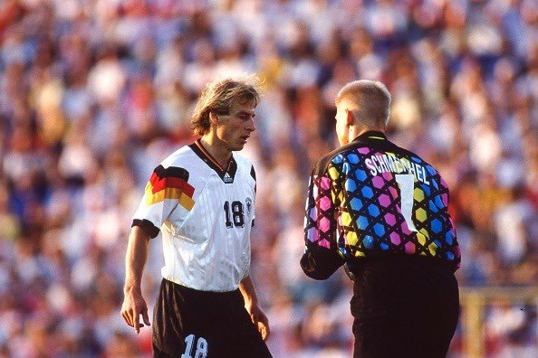 90sfootball's tweet image. Jürgen Klinsmann and Peter Schmeichel, Euro '92.
Two incredible shirts 👕