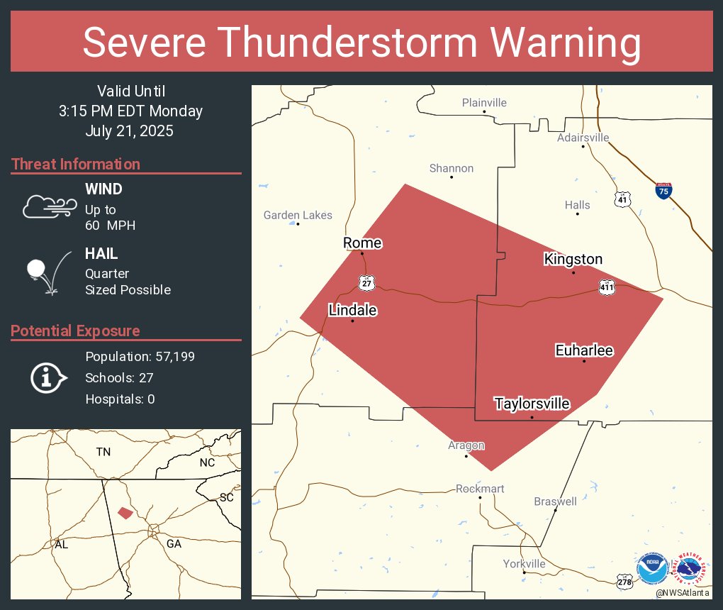 NWSAtlanta's tweet image. Severe Thunderstorm Warning including Rome GA, Lindale GA and Euharlee GA until 3:15 PM EDT