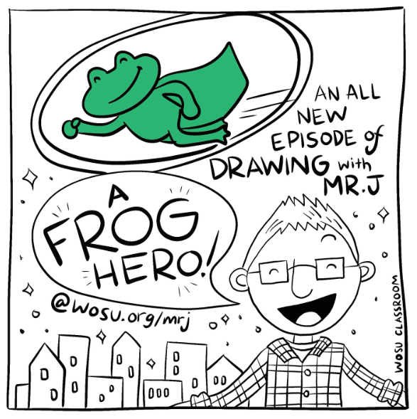 WOSU_Classroom's tweet image. It&apos;s a bird! It&apos;s a plane! No, it&apos;s an all new #DrawingWithMrJ! Come draw along with Mr. J and a frog hero in July&apos;s new episode wosu.pm/40sOq5C