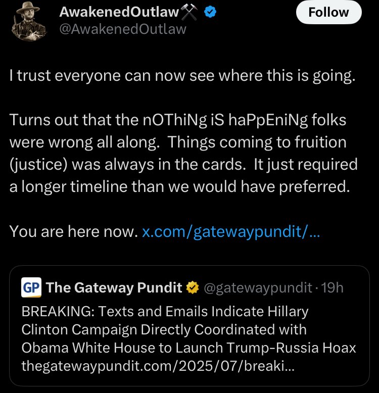 PokerPolitics's tweet image. You all said the same thing during Durham and then one guy got a year of probation and two other guys got acquitted. Justice is never coming because there no crime. The Gateway Pundit exists only to lie to you. It’s info-wars level disinformation.