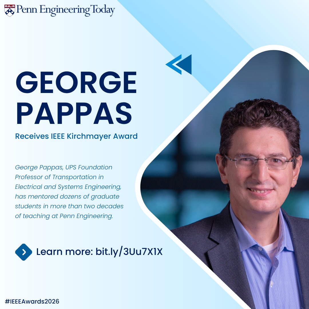 IEEEAwards's tweet image. Congratulations to @PennEngineers and @PennEngAI's George Pappas on his 2025 @IEEEorg Leon K. Kirchmayer Graduate Teaching Award, sponsored by @ieeecassociety, @IEEEembs, and @IEEEsps. Learn more about his work and #mentorship in this Q&A: bit.ly/3Uu7X1X #IEEEAwards2026