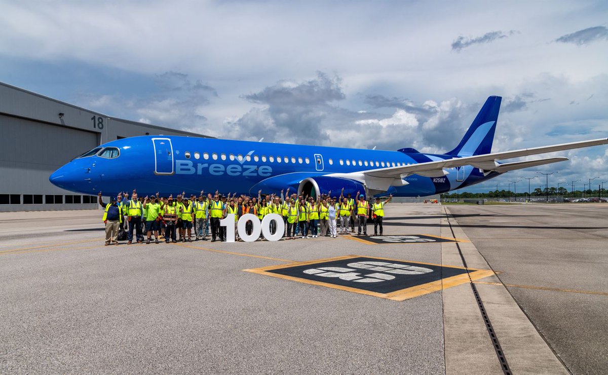 Airbus in the U.S. (@airbusintheus) on Twitter photo Nothing like a “nice” cool Breeze on a sunny summer day!
The 100th #A220 to be assembled at our U.S. Manufacturing Facility in Alabama has been delivered! Thanks to <a href="/BreezeAirways/">Breeze Airways</a> and congratulations to our Mobile team – 100 A220s produced in just five years is pretty fantastic! Nothing like a “nice” cool Breeze on a sunny summer day!
The 100th #A220 to be assembled at our U.S. Manufacturing Facility in Alabama has been delivered! Thanks to <a href="/BreezeAirways/">Breeze Airways</a> and congratulations to our Mobile team – 100 A220s produced in just five years is pretty fantastic!
