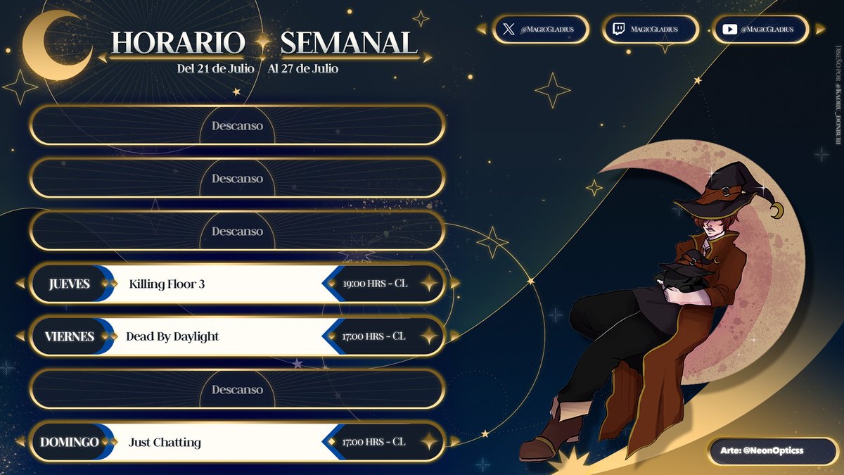 magicgladius's tweet image. ☪️Horario Semanal☪️
La semana comienza relajada, pues tengo que viajar...
Pero estaremos listos para el estreno de KF3, hacer el juego main y terminar con un domingo de charlita 😆😆😆 que nunca falten
#vtuber #streamschedule #VTuberUprising #horariovtuber