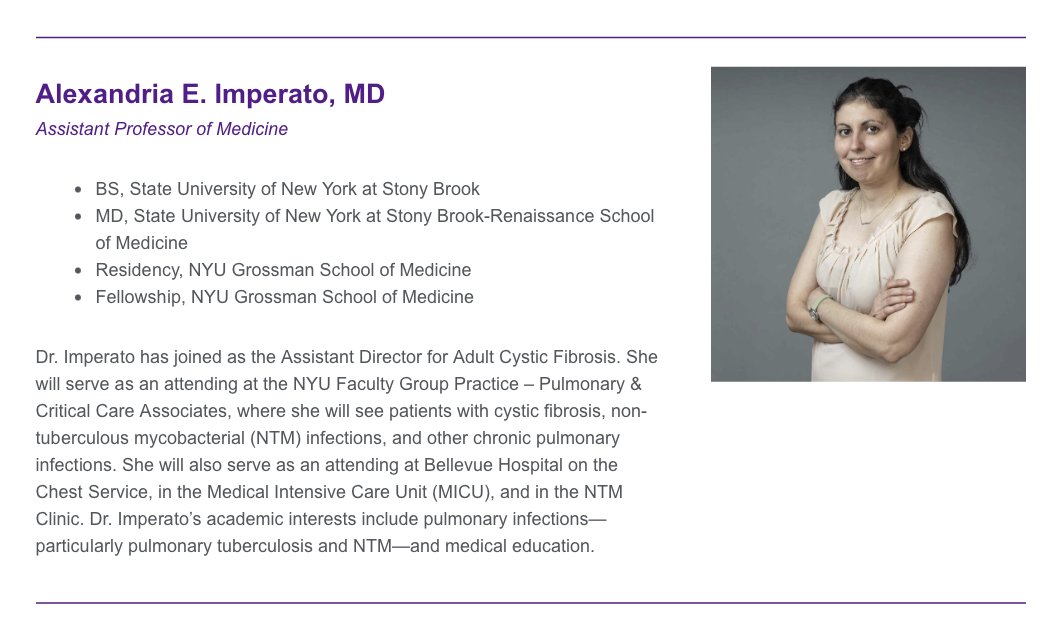 NYULangonePCCSM's tweet image. Thrilled to welcome back Dr. Alexandria Imperato, our former chief fellow, as a new faculty member at @BellevueHosp! & @nyulangone 🎉 Her expertise in pulmonary infections & cystic fibrosis will be a huge asset to our team. Welcome back, Dr. Imperato! #pccm #cysticfibrosis