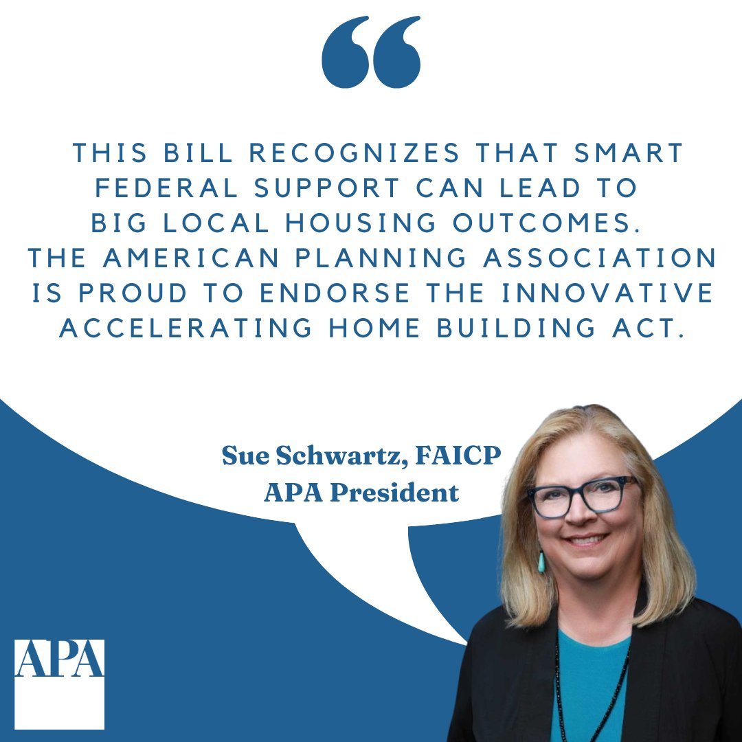 APAadvocates (@apaadvocates) on Twitter photo APA is proud to endorse the Accelerating Home Building Act!🏘️
This bill provides planners resources to establish pattern zones, which will streamline development & increase housing attainability. Thank you <a href="/SenLBR/">Senator Lisa Blunt Rochester</a> & <a href="/berniemoreno/">Bernie Moreno</a> for championing the bill. bluntrochester.senate.gov/press-releases… APA is proud to endorse the Accelerating Home Building Act!🏘️
This bill provides planners resources to establish pattern zones, which will streamline development & increase housing attainability. Thank you <a href="/SenLBR/">Senator Lisa Blunt Rochester</a> & <a href="/berniemoreno/">Bernie Moreno</a> for championing the bill. bluntrochester.senate.gov/press-releases…