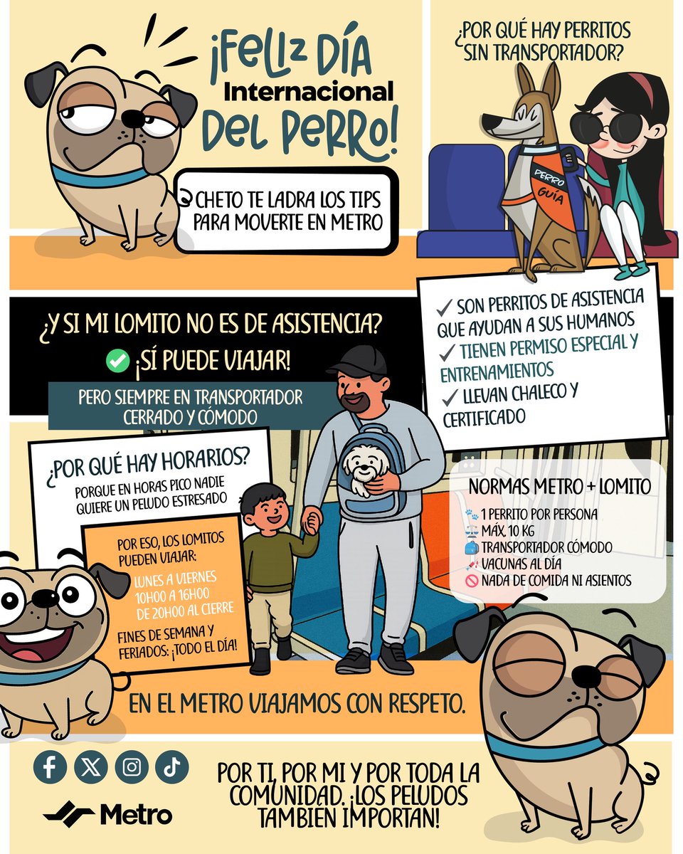 🚇 #ElMetroDeQuitoRenace |Hoy celebramos a nuestros mejores amigos 🐾🐶

Si viajas con tu perro en el Metro de Quito, recuerda:
✔️ Kennel rígido
✔️ Horarios de baja afluencia
✔️ Perros de asistencia viajan sin restricciones

¡Cuidarlos también es parte del viaje! 💙

#DíaDelPerro