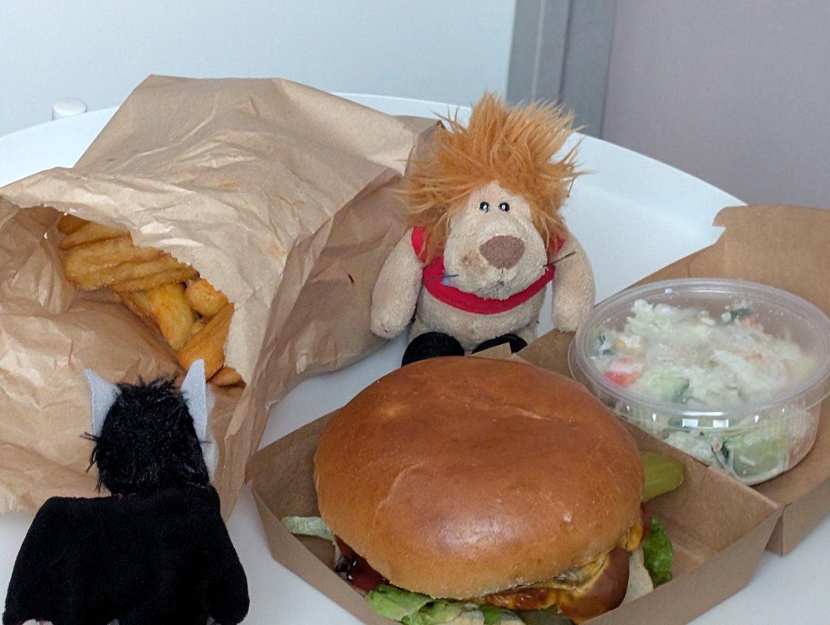 Ein riesiger Burger und eine riesen Tüte voller Pommes für uns! 🤤🥰

Den doofen Salat bekommt der Mitbewohner 😜