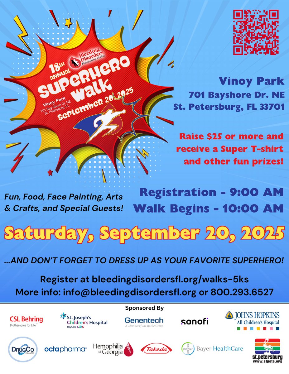 Join us for our 18th Annual Superhero Walk on September 20th, 2025! Come dressed as your favorite superhero and enjoy a beautiful morning at Vinoy Park in St. Pete! Click the link to register: secure.qgiv.com/event/202518th…