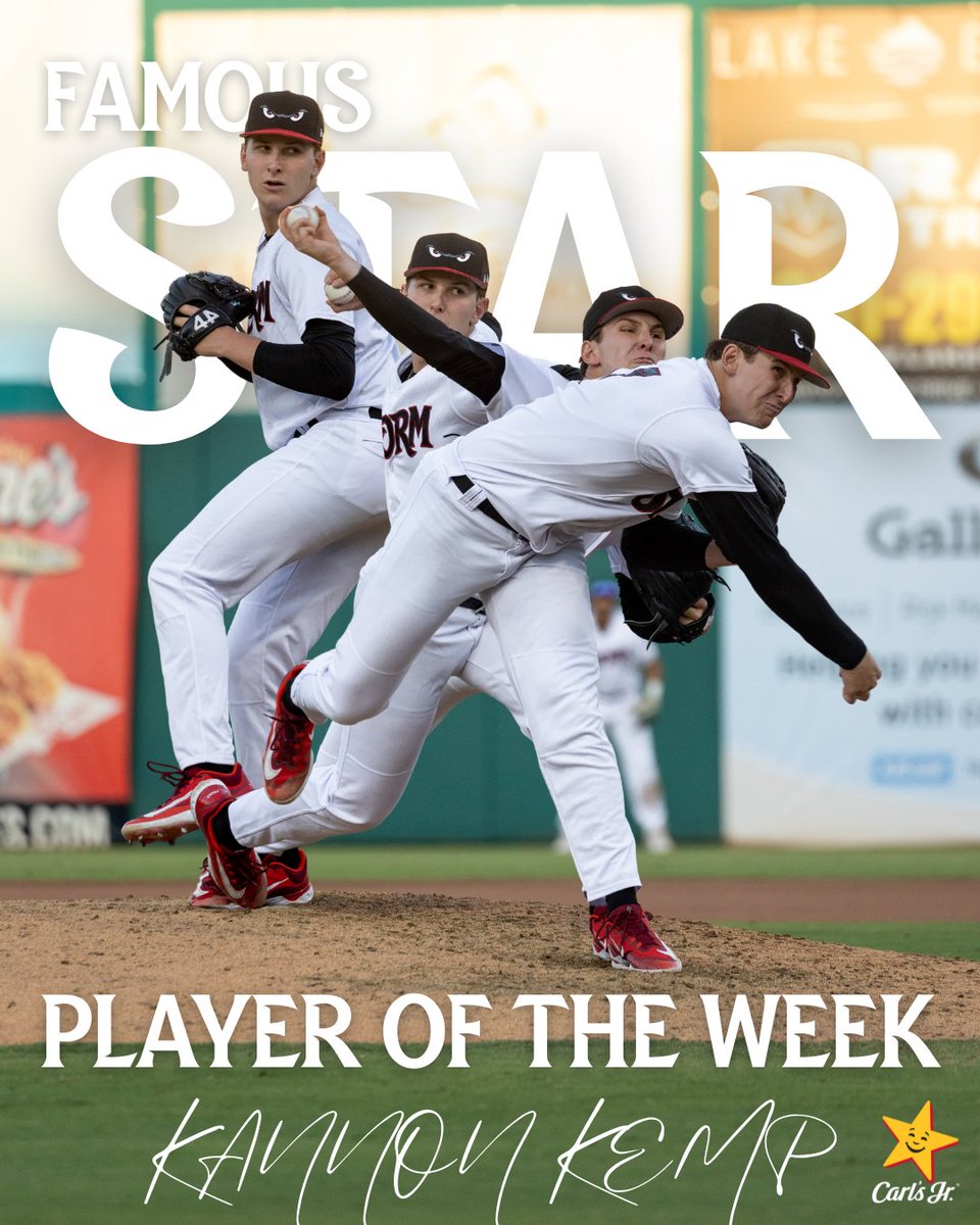 Storm_Baseball's tweet image. Kannon Kemp went five scoreless innings to help us secure the win and the shutout on Saturday Night
He is this homestand's @CarlsJr Famous Star Player of the Weekend! Celebrate his lockdown performance at a Lake Elsinore Carl's Jr!