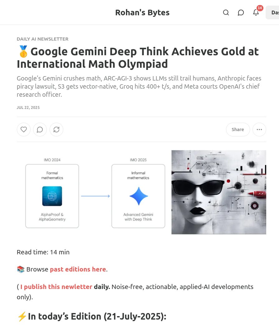 rohanpaul_ai's tweet image. Today’s edition of my newsletter just went out.
🔗 rohan-paul.com/p/google-gemin…
Consider subscribing, its free and I publish daily with top 1% AI developments.
⚡In today’s Edition (21-July-2025):
🥇Google Gemini Deep Think Achieves Gold at International Math Olympiad
🥉 New…