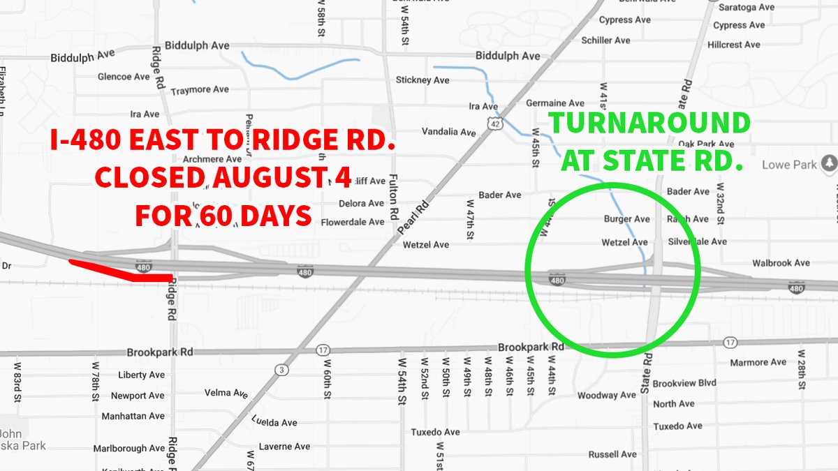 ODOT_Cleveland's tweet image. Monday, August 4, the exit ramp to Ridge Rd. off I-480 eastbound will be CLOSED for approximately 60 days for pavement replacement.
The detour will have traffic turnaround at State Rd. and exit to Ridge Rd. off the new I-480 westbound exit ramp. #Construction #Closure