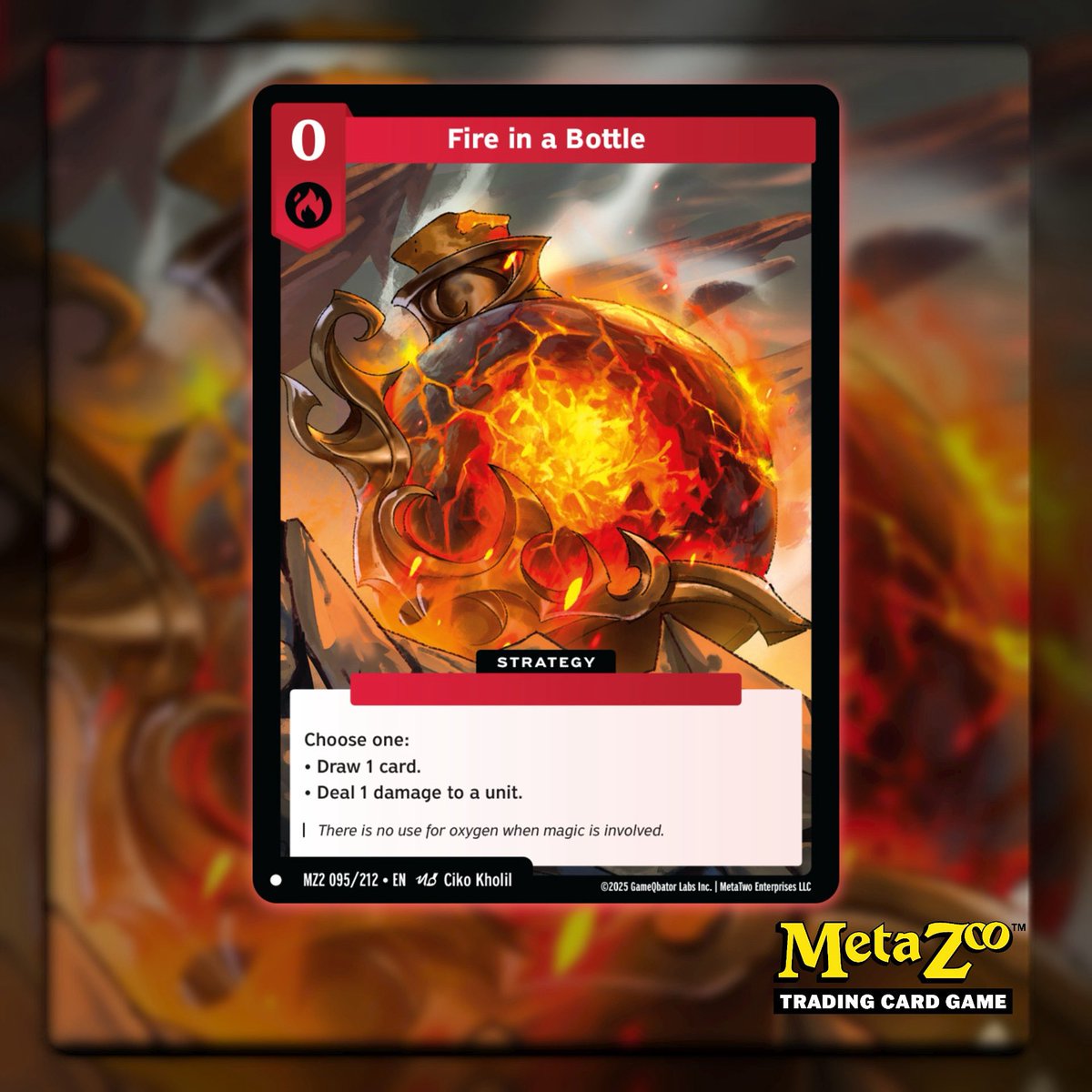 🔥 New Torrential Tides spoiler: Fire in a Bottle
Zero cost. Instant value.
Draw 1 or deal 1. Simple and deadly.

🎨 Art by Ciko Kholil

#MetaZoo #TorrentialTides #FireInABottle #MetaZooTCG #TCGspoiler #StrategyCard