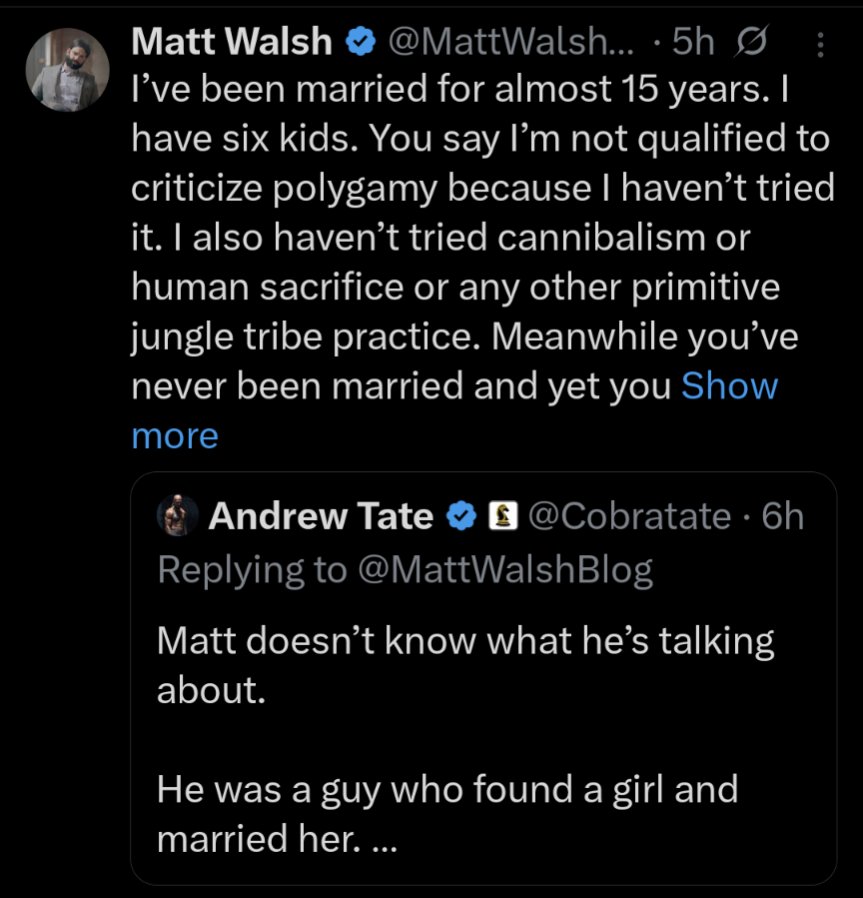 flyguybry's tweet image. Just like two betta fish will fight if put in the same space, these two beta males, @mattwalshblog and @Cobratate, can't help but flex and puff up their chests like little toxic pufferfish while they flirt and play hard-to-get with each other