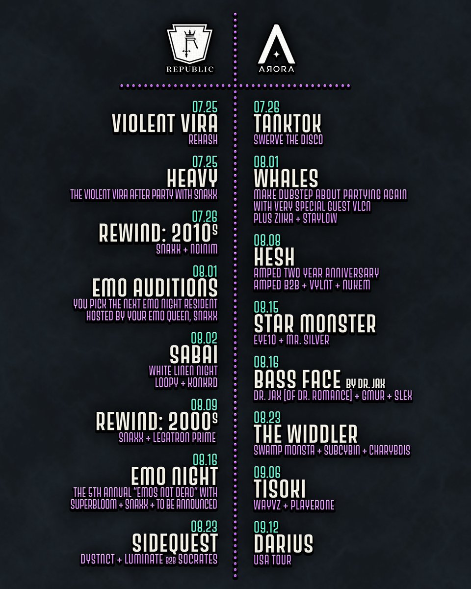 ☀️ YOUR LATE SUMMER CALENDAR ⛱️

Which events are you most excited for!?

Snag your tickets NOW at republicnola.com &amp; aroranola.com!