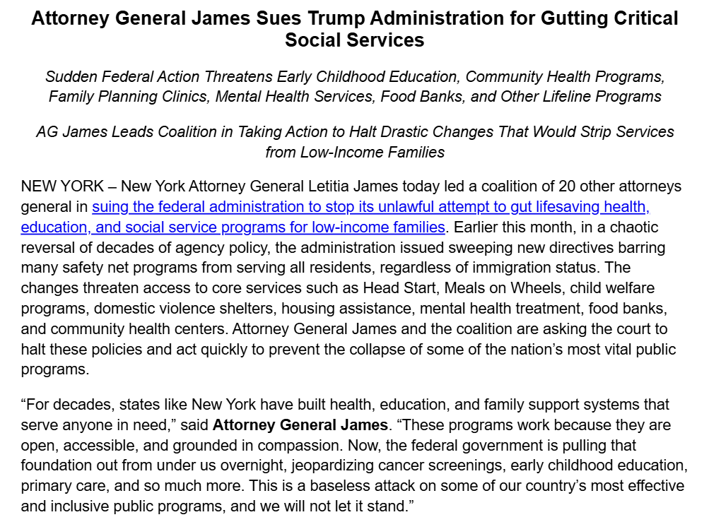 AndrewGiambrone's tweet image. new: @NewYorkStateAG says she and more than a dozen other state attorneys general are suing the Trump admin. for gutting a variety of social services and safety-net programs.
"These programs work because they are open, accessible, & grounded in compassion," she says in statement