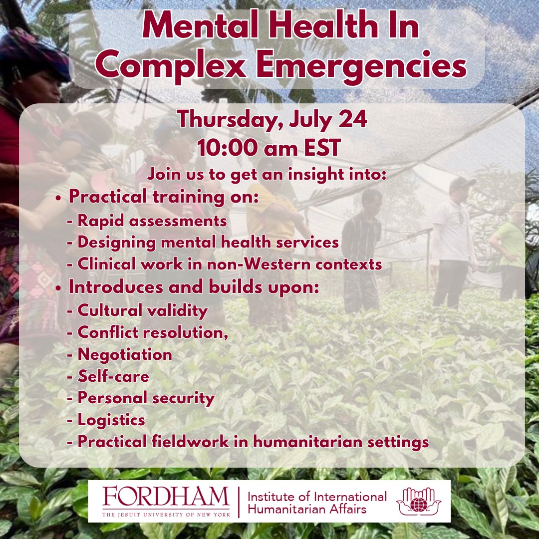 It’s that time of year again. Time to get your certification in Mental Health in Complex Emergencies! #onlinehumanitariantrainingcourse #mhce Join us for a virtual information session this Thursday &gt;&gt; gradadmissions.fordham.edu/register/?id=9…. Meet the course directors!