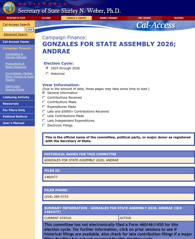CATargetBot0001's tweet image. NEW CAL-ACCESS 2026 ASM FILING
GONZALES FOR STATE ASSEMBLY 2026; ANDRAE
cal-access.sos.ca.gov/Campaign/Commi…