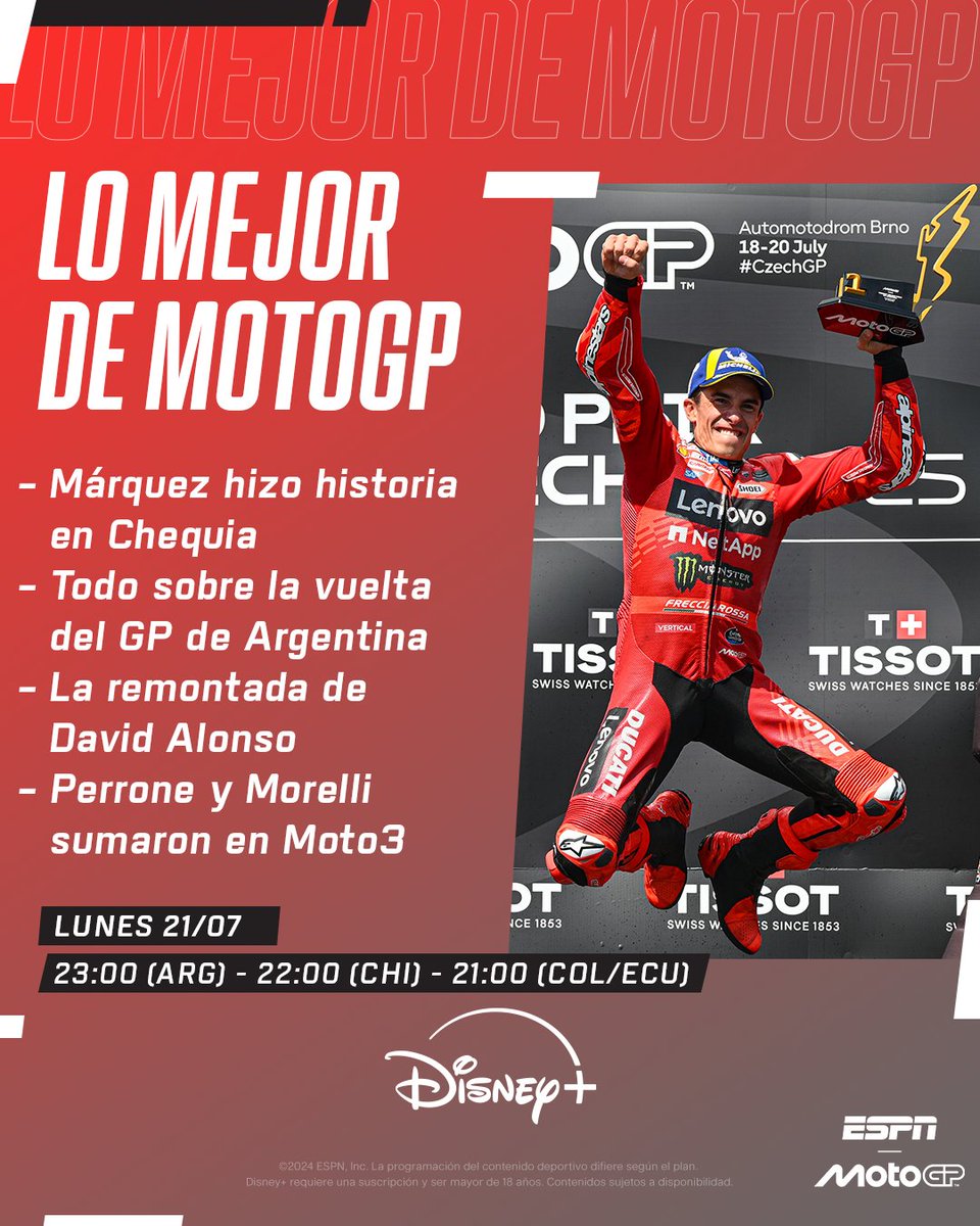 MotoGP_ESPN's tweet image. ¡No te pierdas un nuevo programa de #LoMejorDeMotoGP! Analizaremos todo lo que dejó el #CzechGP, el anuncio del GP de Argentina para 2027 ¡y mucho más! Los esperamos en #DisneyPlus y #ESPN2. 🤩📺
▶️ dis.la/ESPNenDisneyPl…