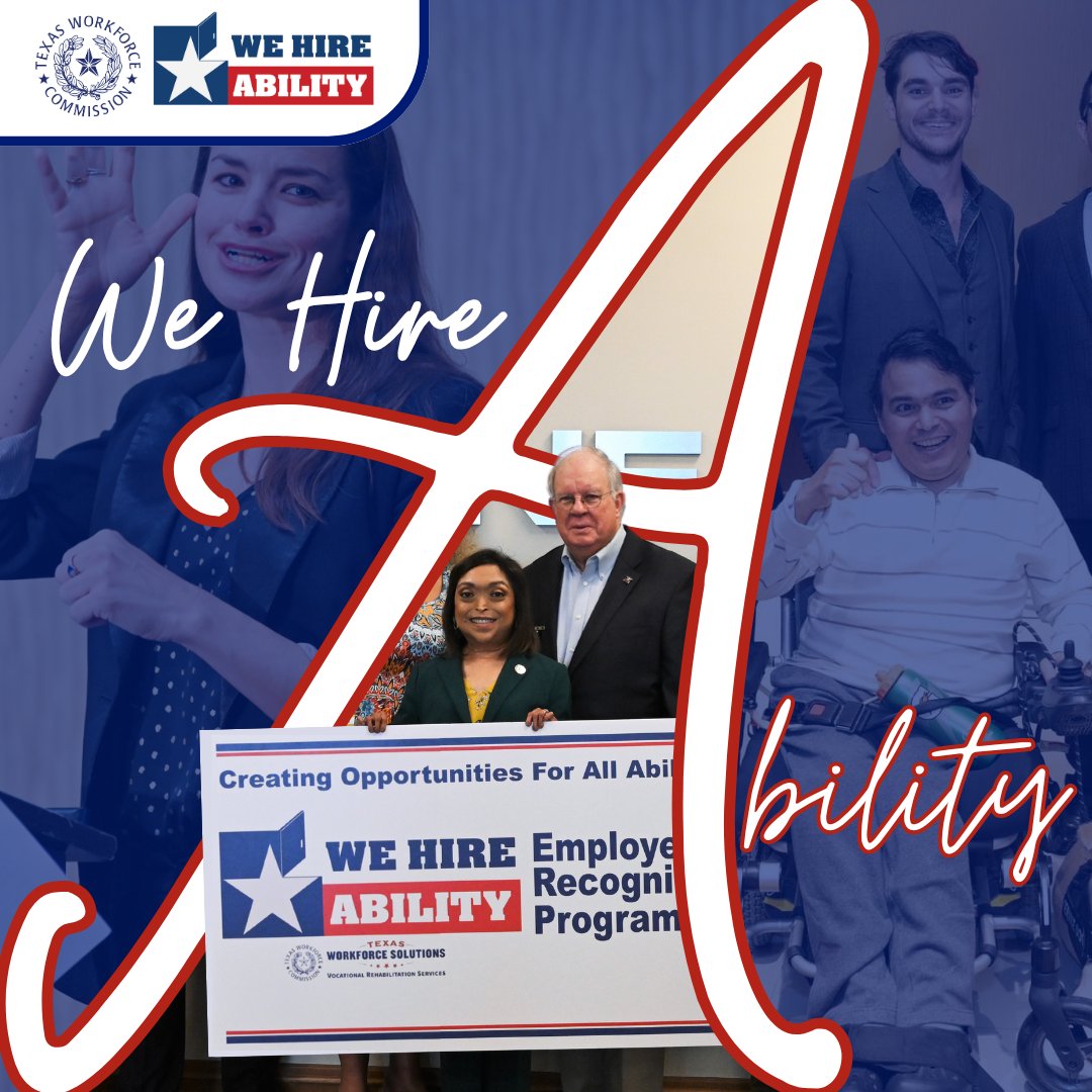 Texas Workforce Commission (@txworkforce) on Twitter photo TWC’s #WeHireAbility program recognizes and celebrates workplaces where at least 10% of the workforce includes individuals with disabilities. Let's give these outstanding employers the recognition they deserve. Nominate them here ➡️ pulse.ly/oz8cqkgjh0
#TWC #TXEmployers TWC’s #WeHireAbility program recognizes and celebrates workplaces where at least 10% of the workforce includes individuals with disabilities. Let's give these outstanding employers the recognition they deserve. Nominate them here ➡️ pulse.ly/oz8cqkgjh0
#TWC #TXEmployers