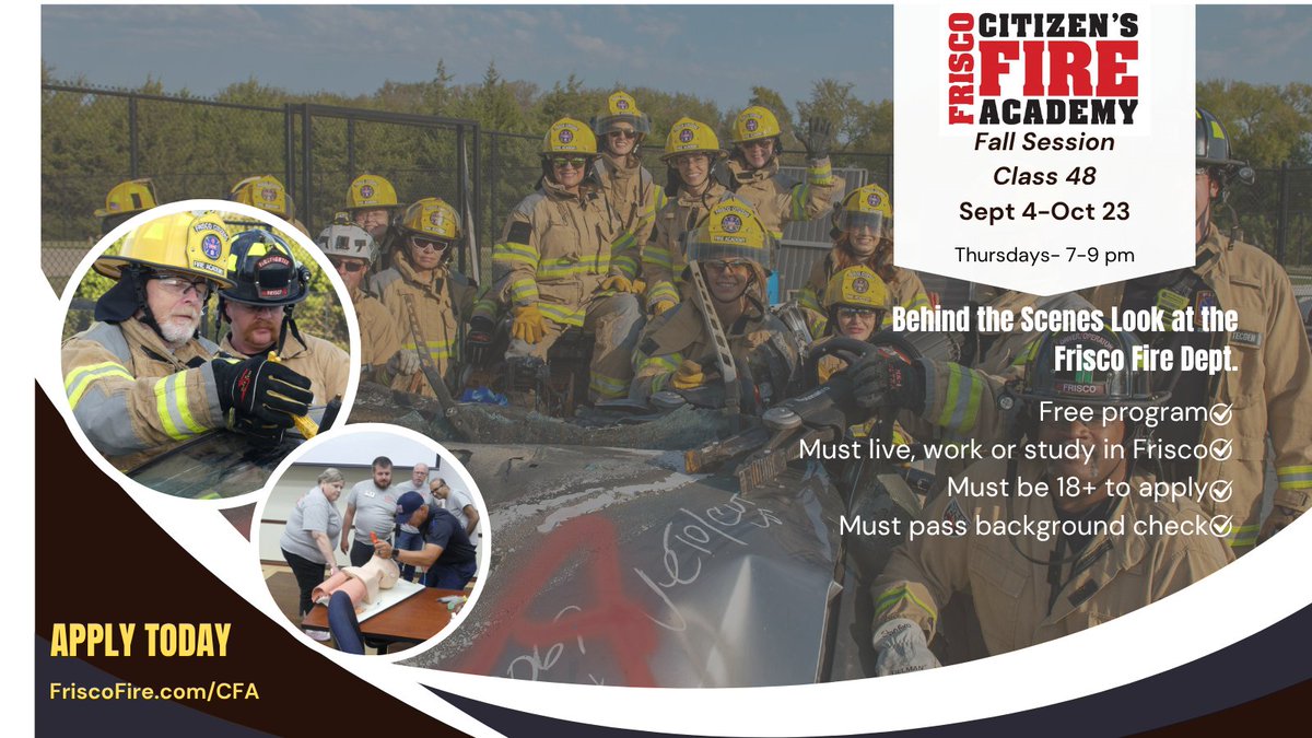 We still have a few spots left in our fall session of Citizen's Fire Academy.  A great behind-the-scenes look at the Frisco Fire Dept.  This free program is open to those 18+ who live, work or study in Frisco. Learn more and apply online:friscotexas.gov/315/Citizens-F…