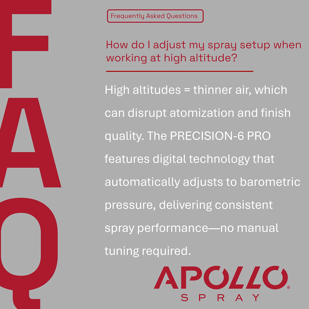 ApolloSprayers's tweet image. Spraying at elevation? High altitudes mean thinner air—which can compromise atomization and finish. The PRECISION-6 PRO takes the guesswork out by digitally adjusting to barometric pressure, ensuring consistent results without manual tuning.