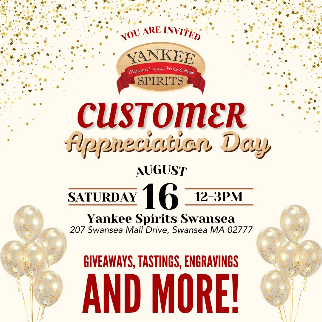 Join us August 16th from 12-3PM at Yankee Spirits Swansea for an EPIC celebration! 

What's in store:
🍻 Premium tastings
🎮 Interactive games
🥃  RARE Pappy tasting (limited supply!)
🏆 Special guest: Ty Law signing autographs!

📍 207 Swansea Mall Drive, Swansea MA