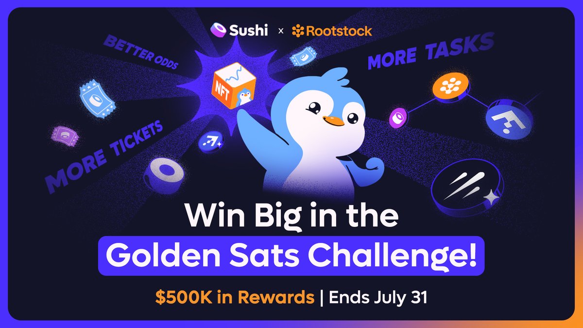 SushiSwap's tweet image. 🏆 Win big in the @rootstock_io x @SushiSwap Golden Sats Challenge! 🌟
$500K in rewards, @LilPudgys NFT and $RIF up for grabs.
✅ Complete @Galxe quests
🎟️ Earn raffle tickets
🎯 More tasks = more tickets = better odds
Ends July 31 → app.galxe.com/quest/SushiSwa…