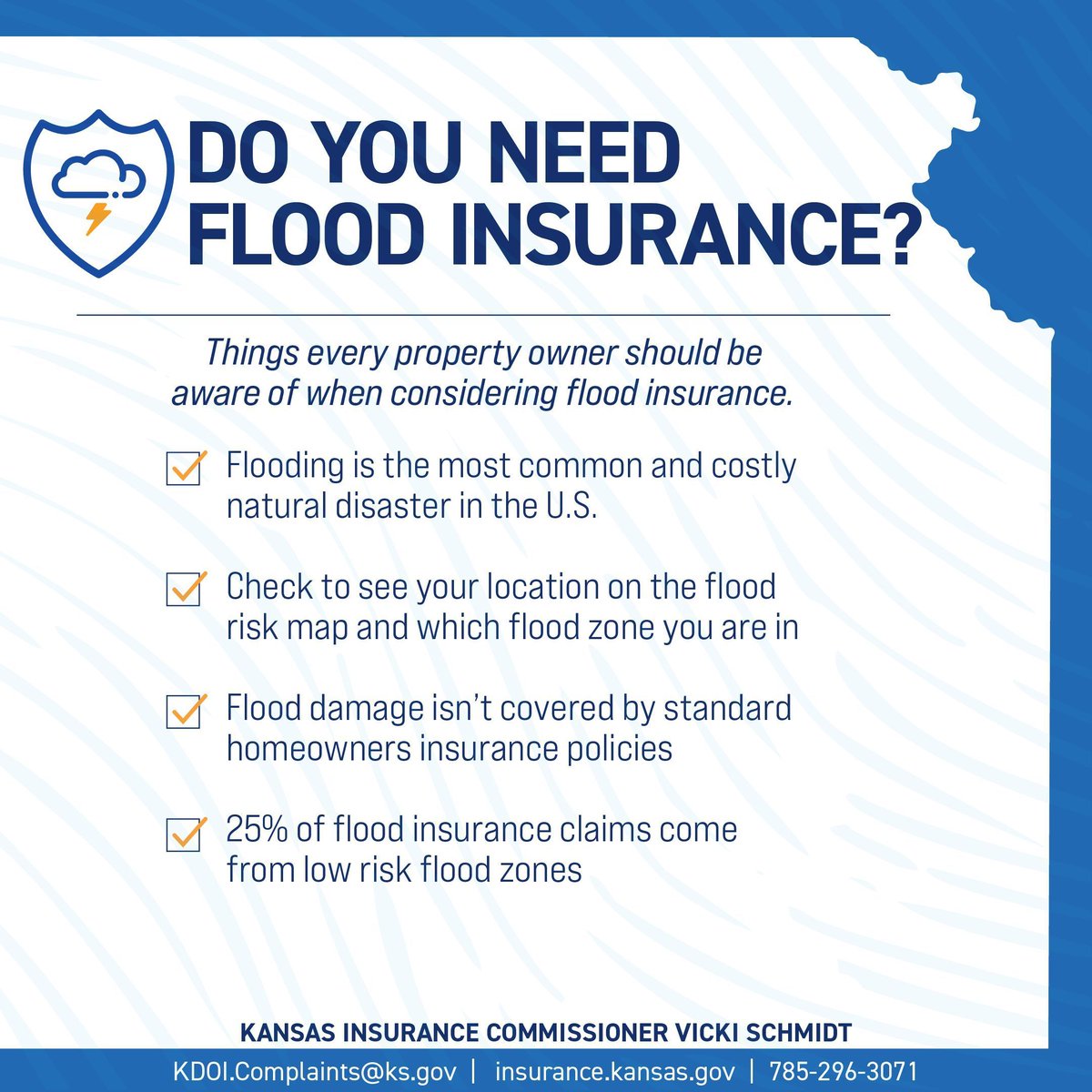 Kansas Department of Insurance (@ksinsurancedept) on Twitter photo As storm season continues, make sure you are taking the right steps to protect your property and belongings from flood damage. If you or someone you know has insurance questions after the recent storms, please contact the Department at 785-296-3071 or KDOI.Compalints@ks.gov As storm season continues, make sure you are taking the right steps to protect your property and belongings from flood damage. If you or someone you know has insurance questions after the recent storms, please contact the Department at 785-296-3071 or KDOI.Compalints@ks.gov