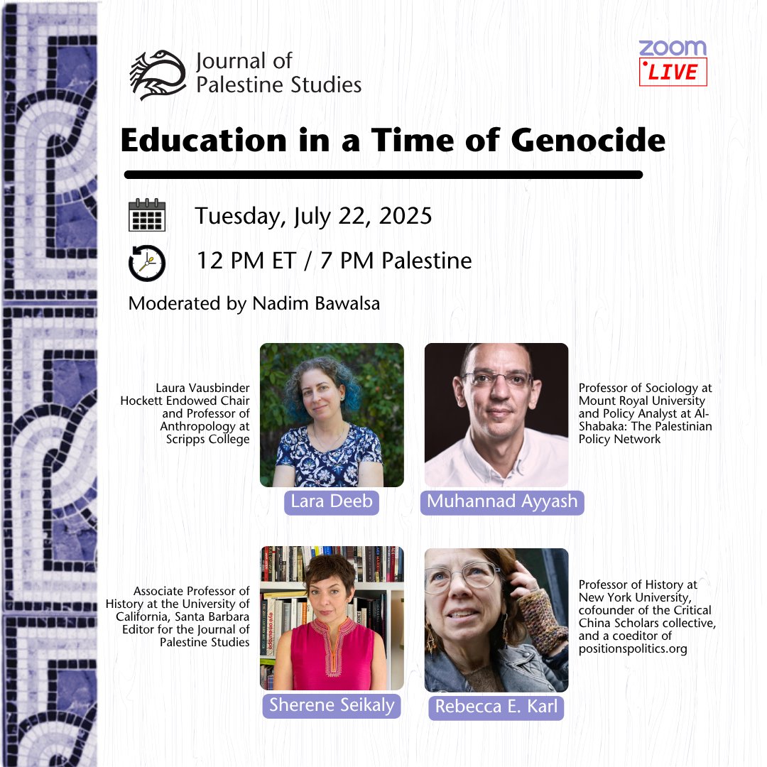 PalStudies's tweet image. TOMORROW | What does it mean to teach, write, and learn under in a time of extreme censorship?
Join us for a webinar tomorrow featuring Lara Deeb, @AyyashMohannad, Rebecca Karl, and
@shereneseikaly in conversation with Nadim Bawalsa.
Register here: palestine-studies.org/en/node/1657587