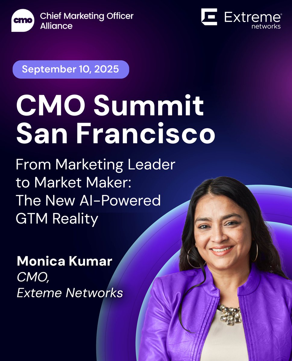 Extreme Networks (@extremenetworks) on Twitter photo The #GTM landscape is evolving, and #AI is the catalyst. At <a href="/cmo_alliance/">CMO Alliance</a>'s CMO Summit San Francisco, Chief Marketing Officer Monica Kumar will break down how AI is reshaping the customer journey and how today's marketing leaders can become tomorrow's market makers by aligning The #GTM landscape is evolving, and #AI is the catalyst. At <a href="/cmo_alliance/">CMO Alliance</a>'s CMO Summit San Francisco, Chief Marketing Officer Monica Kumar will break down how AI is reshaping the customer journey and how today's marketing leaders can become tomorrow's market makers by aligning