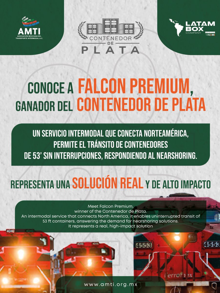 🏆 ¡Felicidades a nuestro ganador!
Falcom Premium nos recuerda que las mejores ideas no solo resuelven, sino que transforman.

<a href="/CNRailway/">Canadian National</a> <a href="/UnionPacific/">Union Pacific</a> <a href="/GMexico_Prensa/">Grupo México Prensa</a> 
#AMTI #CongresoIntermodalXXVI  #ContenedorDePlata