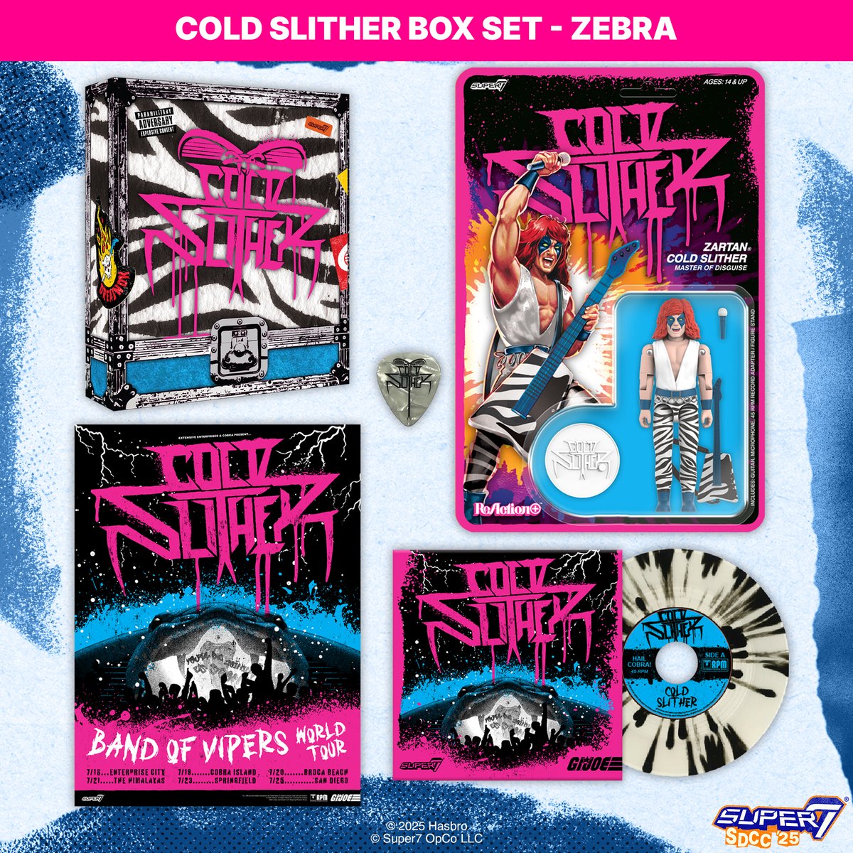 super7store's tweet image. 🎤 Zartan goes full glam rock!
This Cold Slither Zebra ReAction+ Figure comes with guitar, mic, 45 adapter stand & exclusive vinyl.
Coming soon to Reigning Phoenix Music!
#Super7 #SDCC #GIJoe