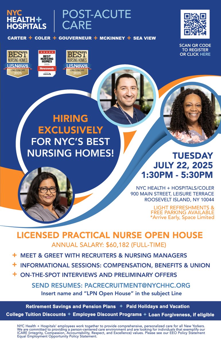 NYCHealthSystem's tweet image. #JoinOurTeam: NYC Health + Hospitals/Coler is hosting an in-person open house tomorrow, Tuesday, July 22, 2025. If you are a nurse who wants to work for NYC's BEST nursing homes, apply here: on.nyc.gov/3IvgmzN.