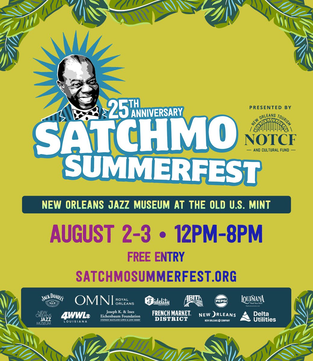 FQFestNOLA's tweet image. 🎺 Satchmo SummerFest is turning 25!
Join us August 2–3, 2025 at the New Orleans Jazz Museum for a Silver Salute to the sound and soul of Louis Armstrong, the hometown hero who changed the world with his music. #SatchmoSummerFest