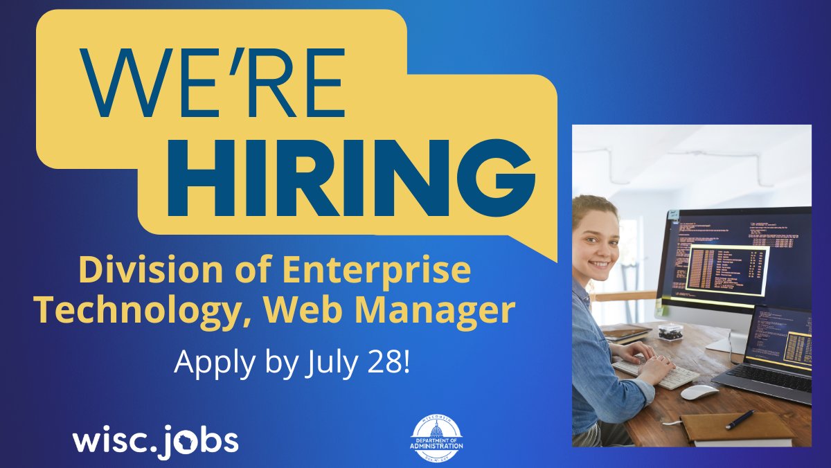 WisconsinDOA's tweet image. DOA is hiring a web manager to help design and maintain the DOA web presence, forms, and other communications! If you have a passion for the #web and #publicservice, please apply by 11:59pm CST on Monday, July 28, 2025 @wiscjobs or go to shorturl.at/v9vtk