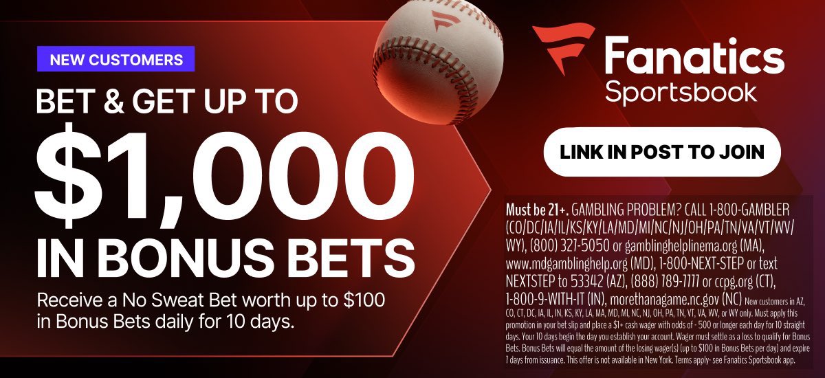 🚨 I’ve cooked up a +220 MLB parlay from my data sheets. 

Fanatics easily has the best odds I’ve seen for it so get signed up with them. 

👉🏼 Join here: bit.ly/Fan1000SF

New users get any wager up to $100 refunded in bonuses if we lose. 

21+ only, gamble responsibly.