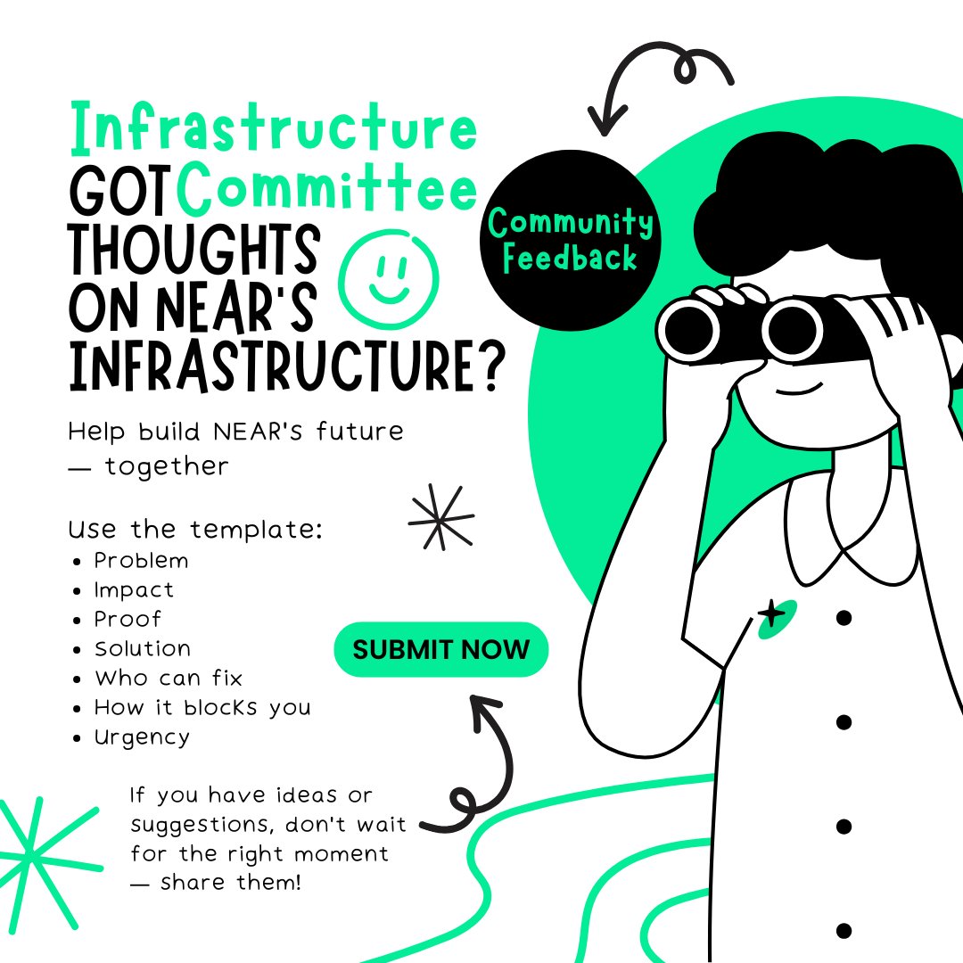NEARN_IO's tweet image. Got thoughts on NEAR’s infrastructure? 💬
📣 The NEAR Infra Committee wants your feedback — no payment, but your input helps decide what gets built next!
Share gaps, blockers, ideas & who can solve them ✍️
📌 Template:
1️⃣ Problem
2️⃣ Impact
3️⃣ Proof
4️⃣ Solution
5️⃣ Who can fix
6️⃣…
